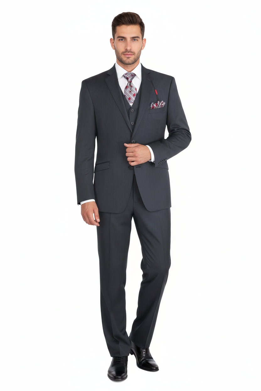 Men Suit ADOLFO 3Pc 100% Soft Wool Vested Business Formal 2 Button 1608 Charcoal