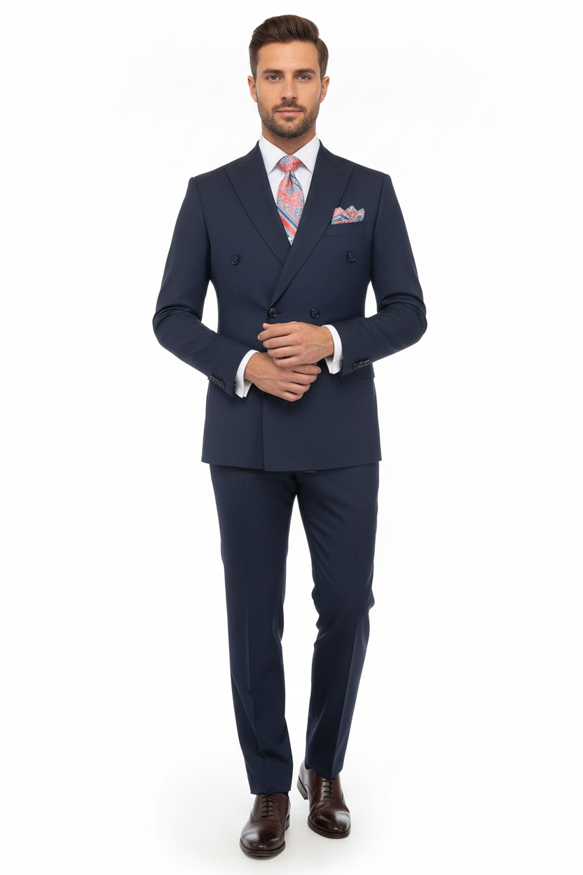 Men Suit BERLUSCONI Turkey 100% Italian Wool 180's Double Breasted #Ber32 Navy