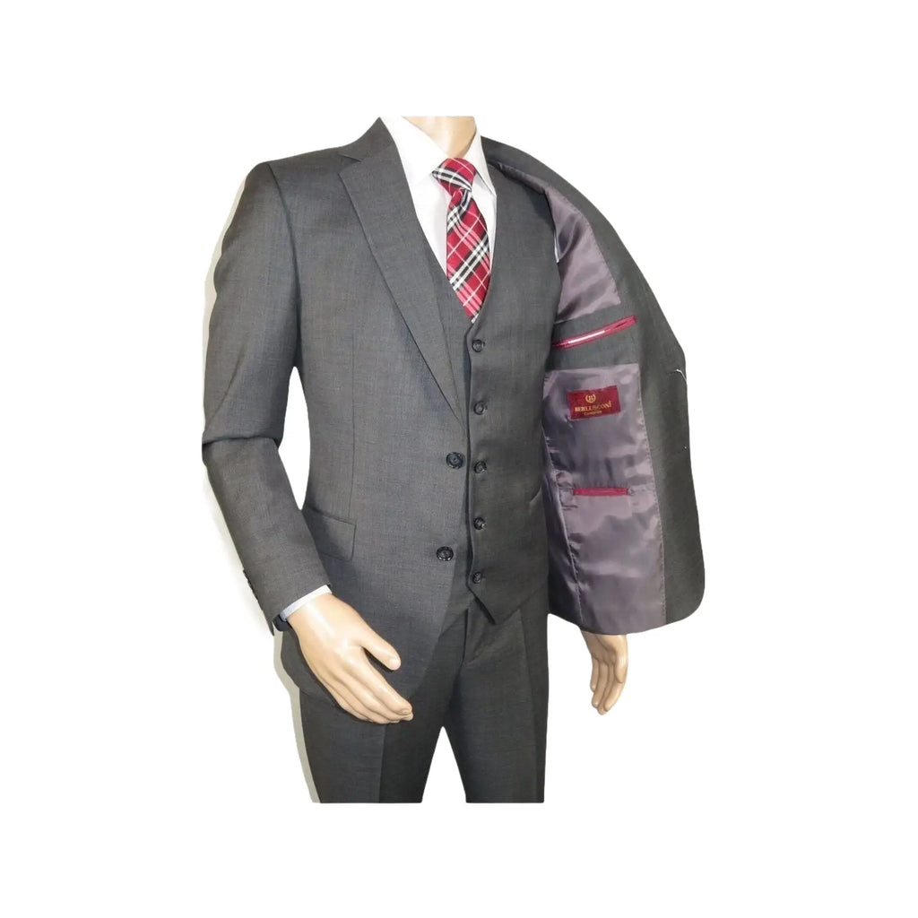 Men Suit BERLUSCONI Turkey 100% Italian Wool Super 180's 3pc Vested #Ber12 Gray - J.Valintin Men's Wear Legend - 98552
