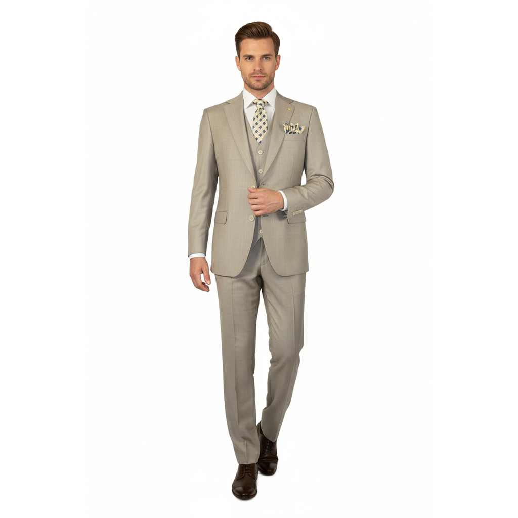 Men Suit BERLUSCONI Turkey 100% Italian Wool Super 180's 3pc Vested #Ber13 Beige