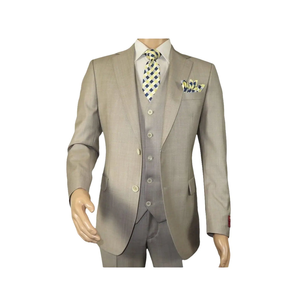 Men Suit BERLUSCONI Turkey 100% Italian Wool Super 180's 3pc Vested #Ber13 Beige - J.Valintin Men's Wear Legend - 98559