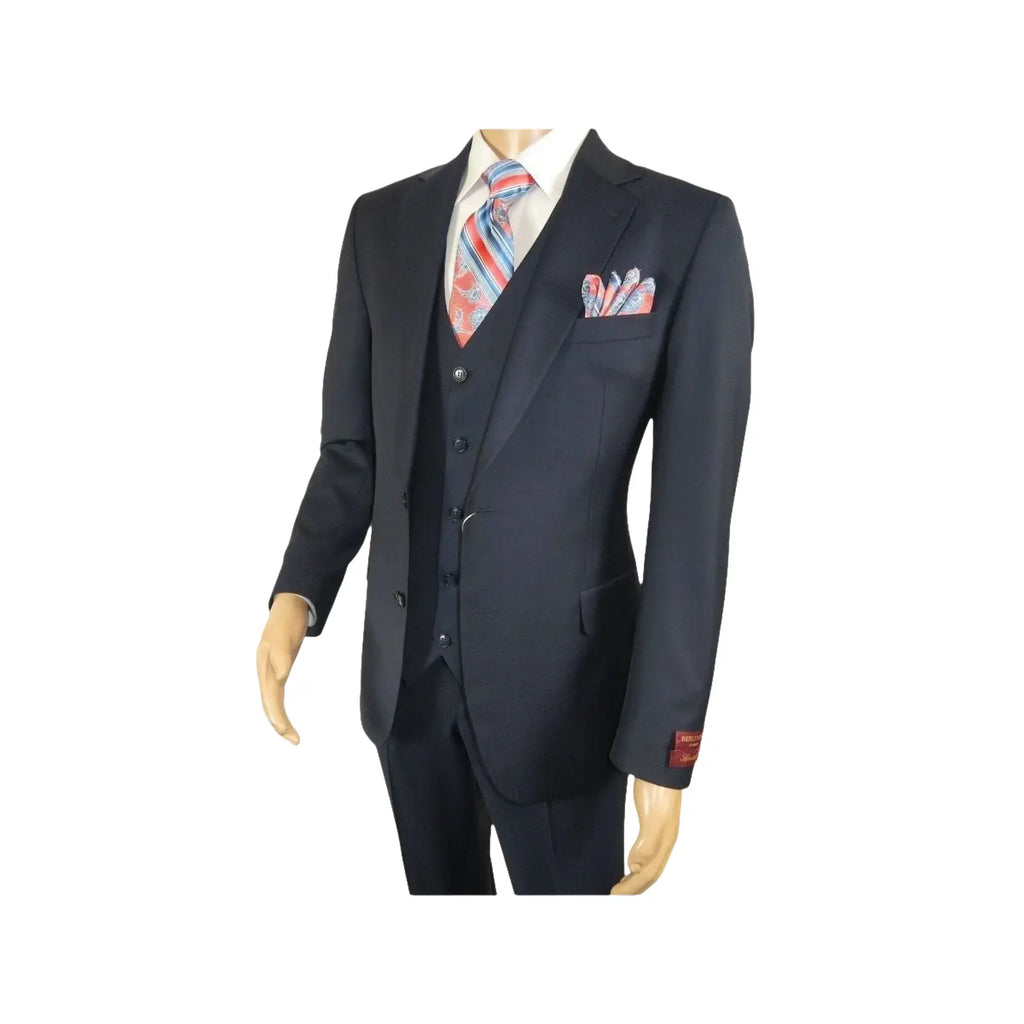 Men Suit BERLUSCONI Turkey 100% Italian Wool Super 180's 3pc Vested #Ber14 Navy - J.Valintin Men's Wear Legend - 98566