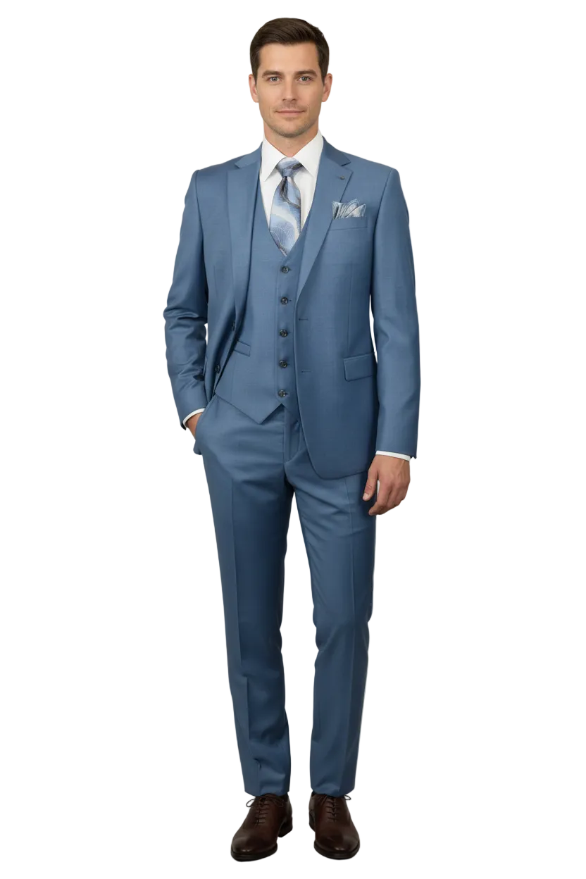 Men Suit BERLUSCONI Turkey 100% Italian Wool Super 180's 3pc Vested #Ber25 Blue