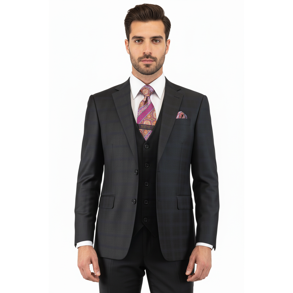 Men Suit BERLUSCONI Turkey 100% Italian Wool Super 180's 3pc Vested #Ber41 Black