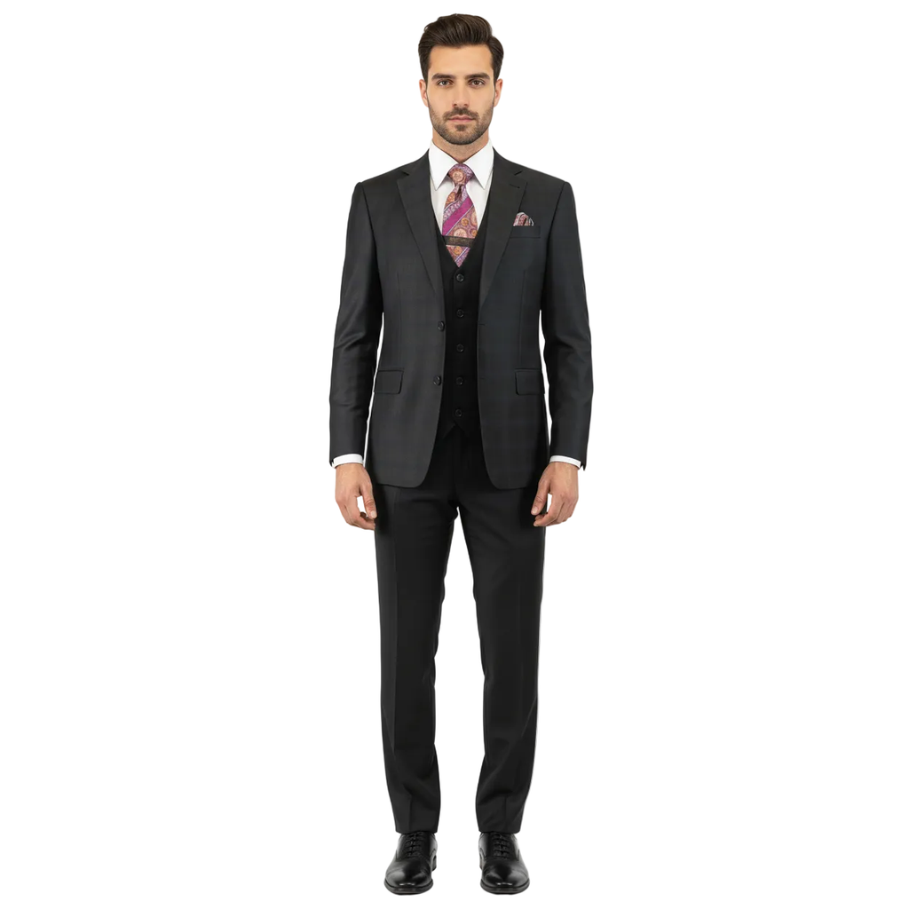 Men Suit BERLUSCONI Turkey 100% Italian Wool Super 180's 3pc Vested #Ber41 Black