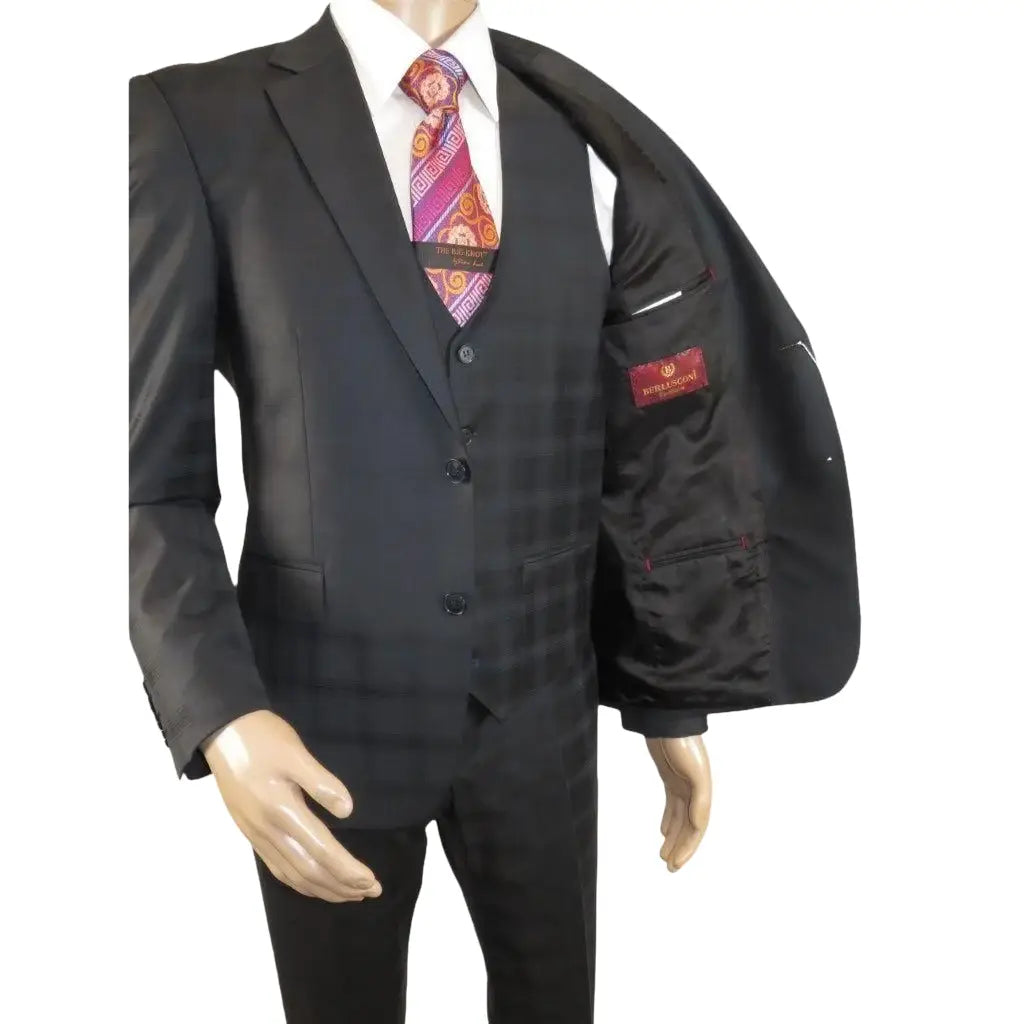 Men Suit BERLUSCONI Turkey 100% Italian Wool Super 180's 3pc Vested #Ber41 Black - J.Valintin Men's Wear Legend - 99845