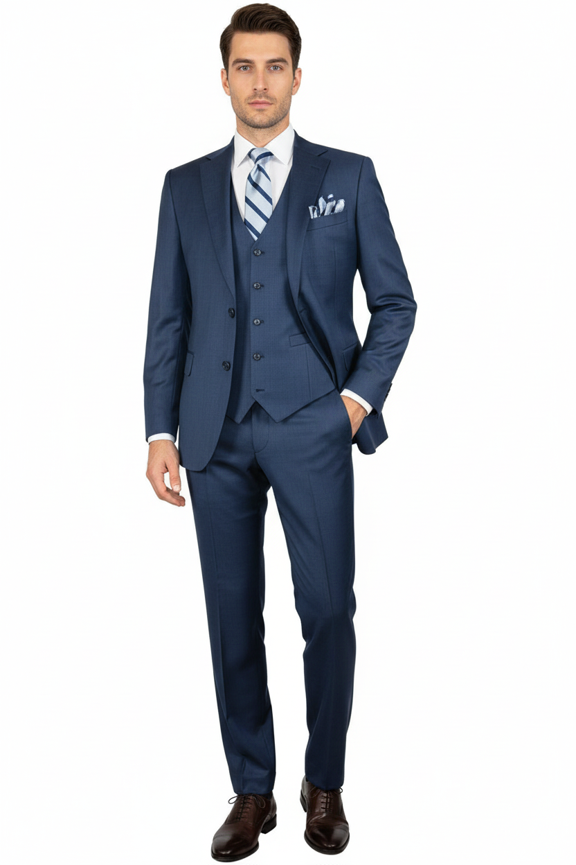 Men Suit BERLUSCONI Turkey 100% Italian Wool Super 180's 3pc Vested #Ber5 Navy