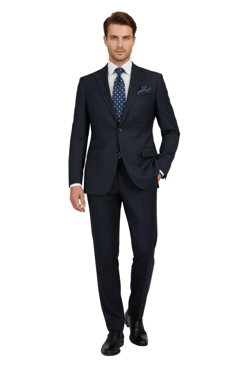 Men Suit BERLUSCONI Turkey 100% Italian Wool Super 180's #Ber29 Navy Blue Stripe