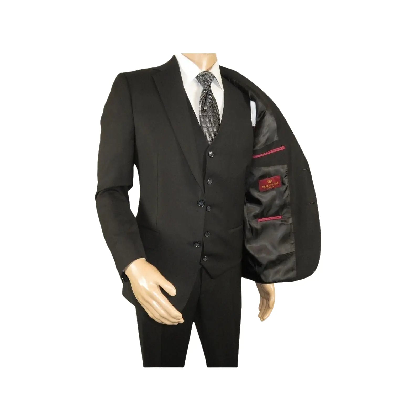 Men Suit BERLUSCONI Turkey 100% Italian Wool Super 180's Vested #Ber19 Black - J.Valintin Men's Wear Legend - 98601