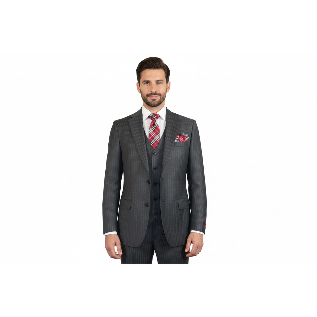 Men Suit BERLUSCONI Turkey 100% Italian Wool Super 180's Vested #Ber2 Charcoal