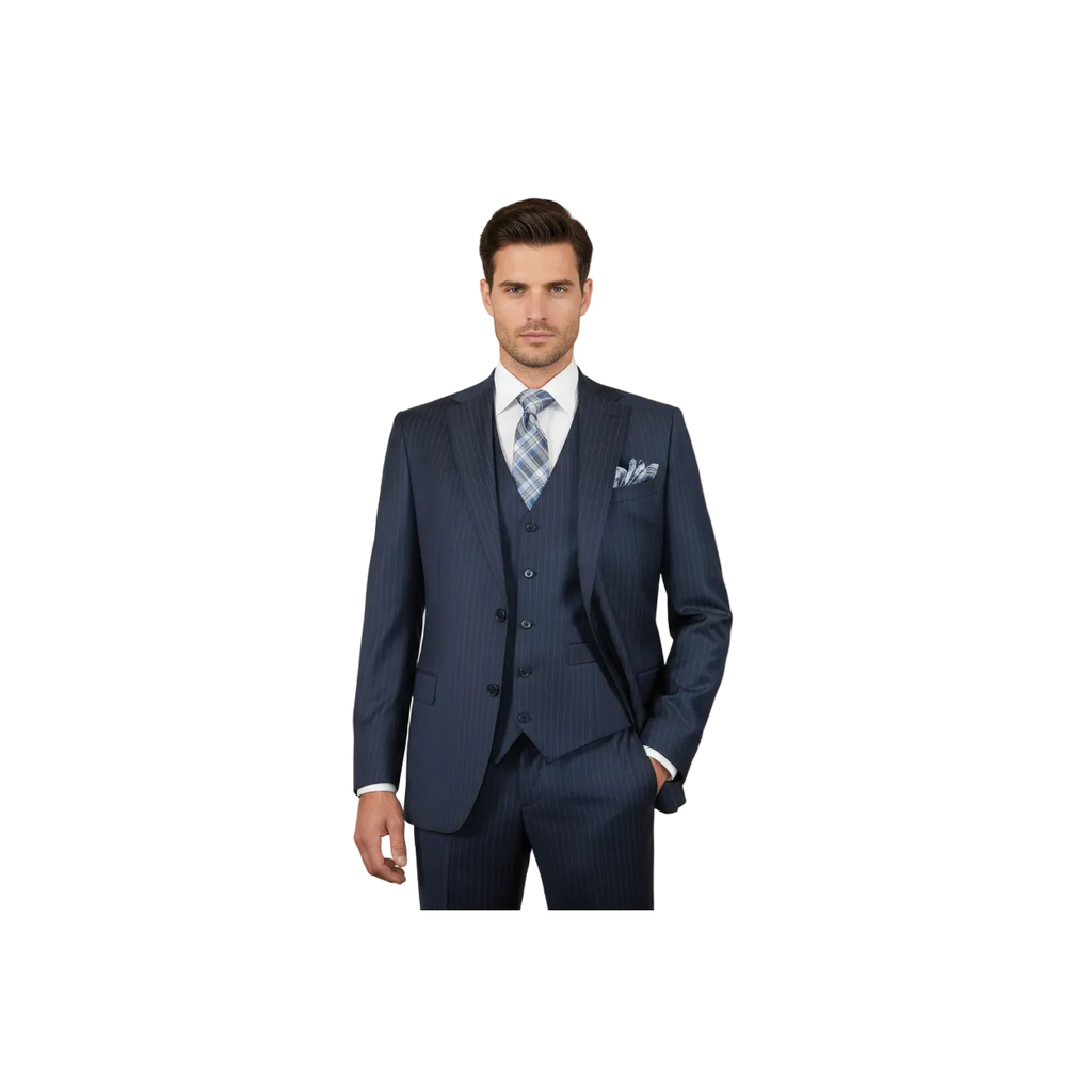 Men Suit BERLUSCONI Turkey 100% Italian Wool Super 180's Vested #Ber3 Ink Blue