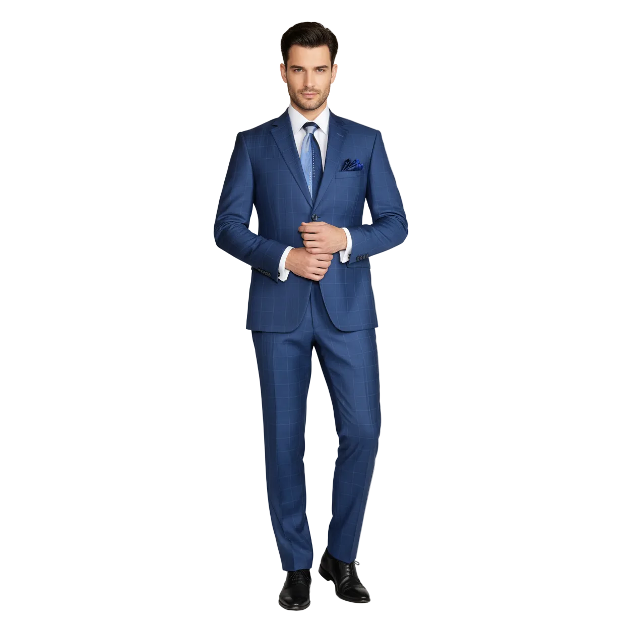 Men Suit By Renoir Window pane English Plaid Slim Fit Side Vents Fit 291-20 Blue