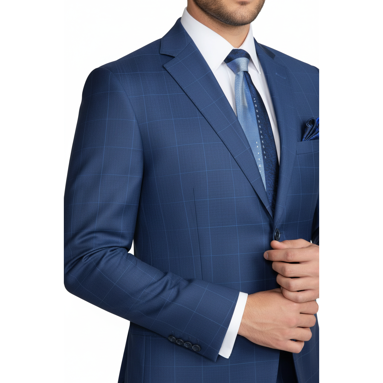 Men Suit By Renoir Window pane English Plaid Slim Fit Side Vents Fit 291-20 Blue