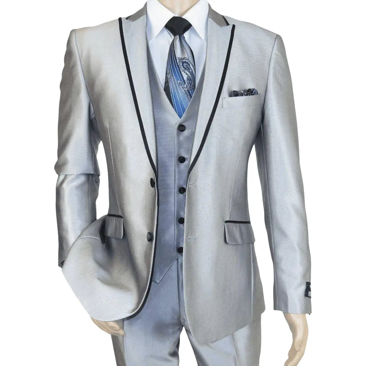 Men Tuxedo Formal Suit ROYAL DIAMOND Slim Fit 3Pc Vested shiny Satin SL82 Silver - J.Valintin Men's Wear Legend - 8150