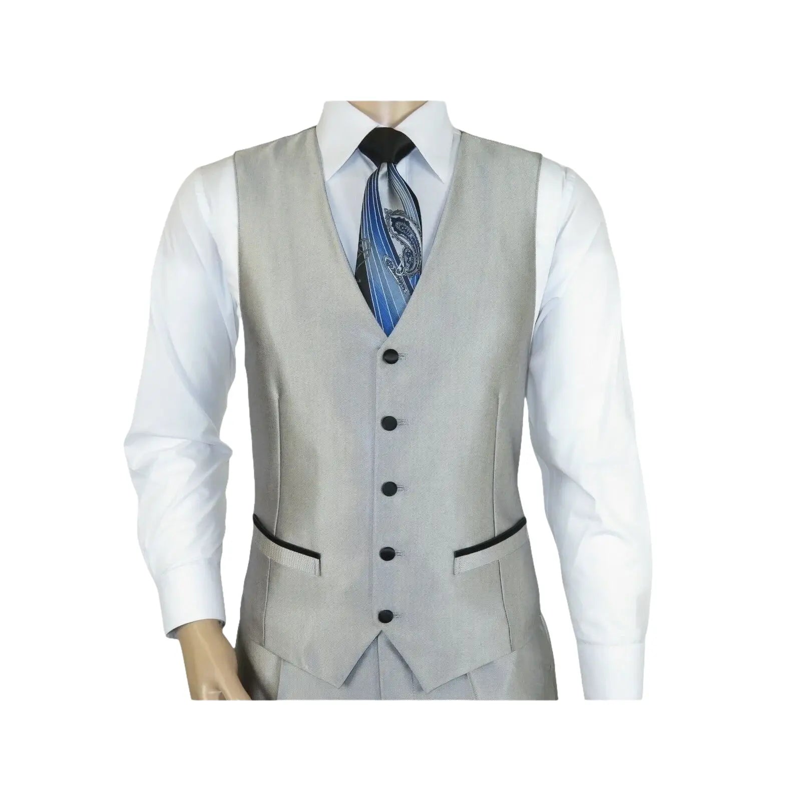Men Tuxedo Formal Suit ROYAL DIAMOND Slim Fit 3Pc Vested shiny Satin SL82 Silver - J.Valintin Men's Wear Legend - 8150