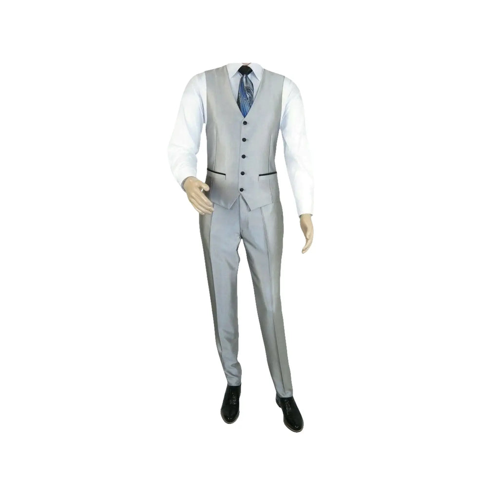 Men Tuxedo Formal Suit ROYAL DIAMOND Slim Fit 3Pc Vested shiny Satin SL82 Silver - J.Valintin Men's Wear Legend - 8150