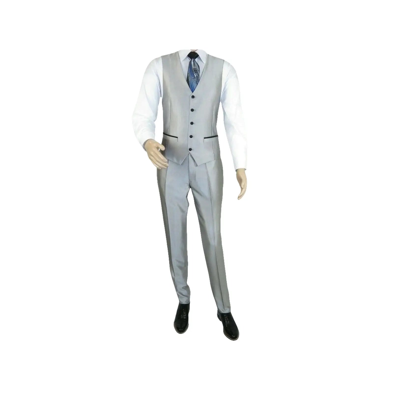 Men Tuxedo Formal Suit ROYAL DIAMOND Slim Fit 3Pc Vested shiny Satin SL82 Silver - J.Valintin Men's Wear Legend - 8150