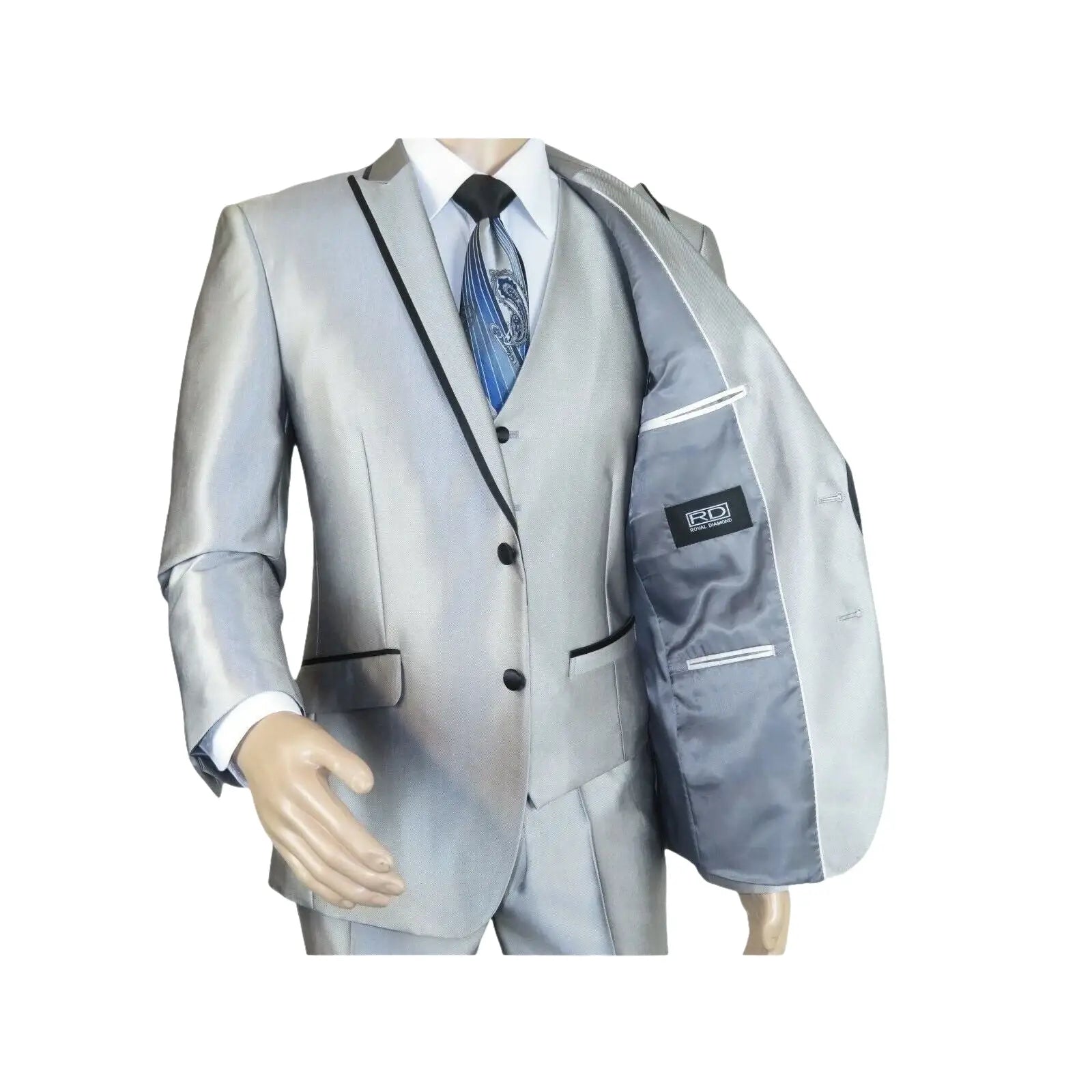 Men Tuxedo Formal Suit ROYAL DIAMOND Slim Fit 3Pc Vested shiny Satin SL82 Silver - J.Valintin Men's Wear Legend - 8150