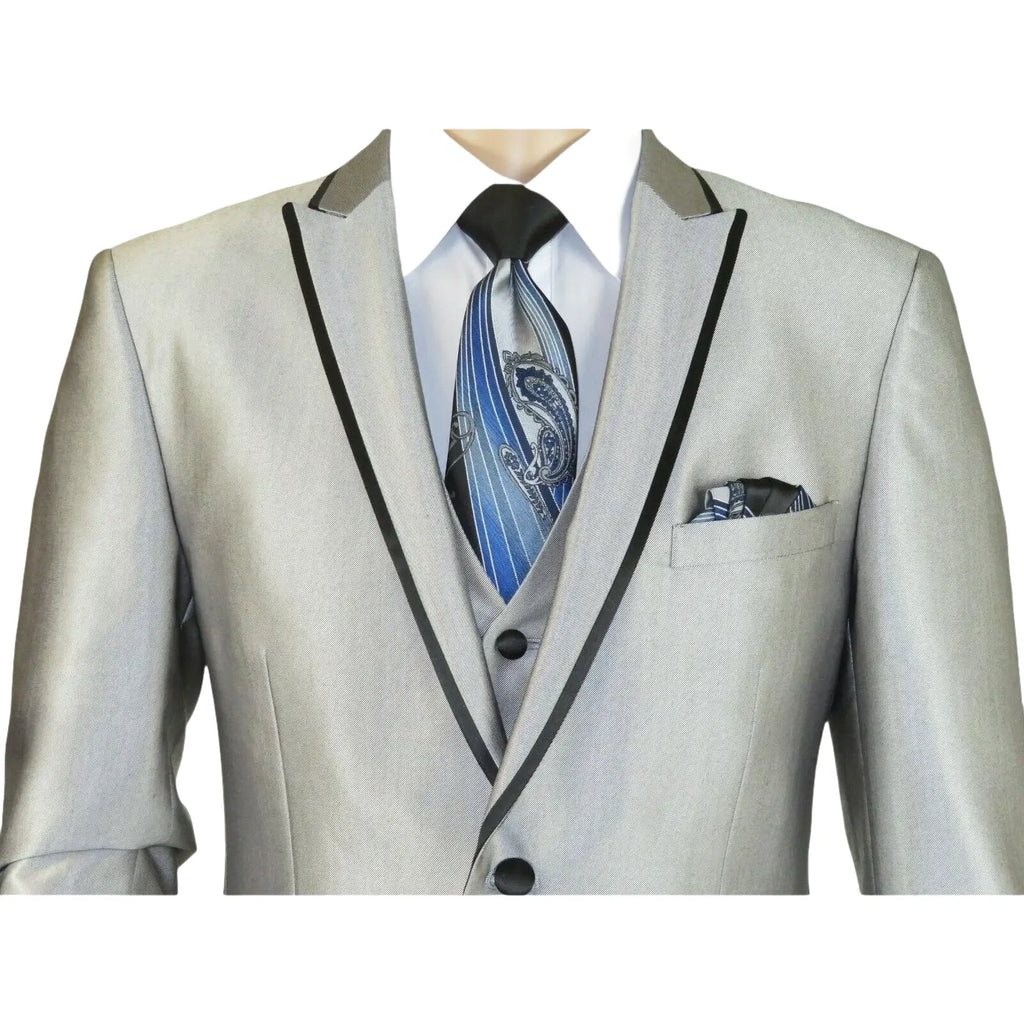 Men Tuxedo Formal Suit ROYAL DIAMOND Slim Fit 3Pc Vested shiny Satin SL82 Silver - J.Valintin Men's Wear Legend - 8150