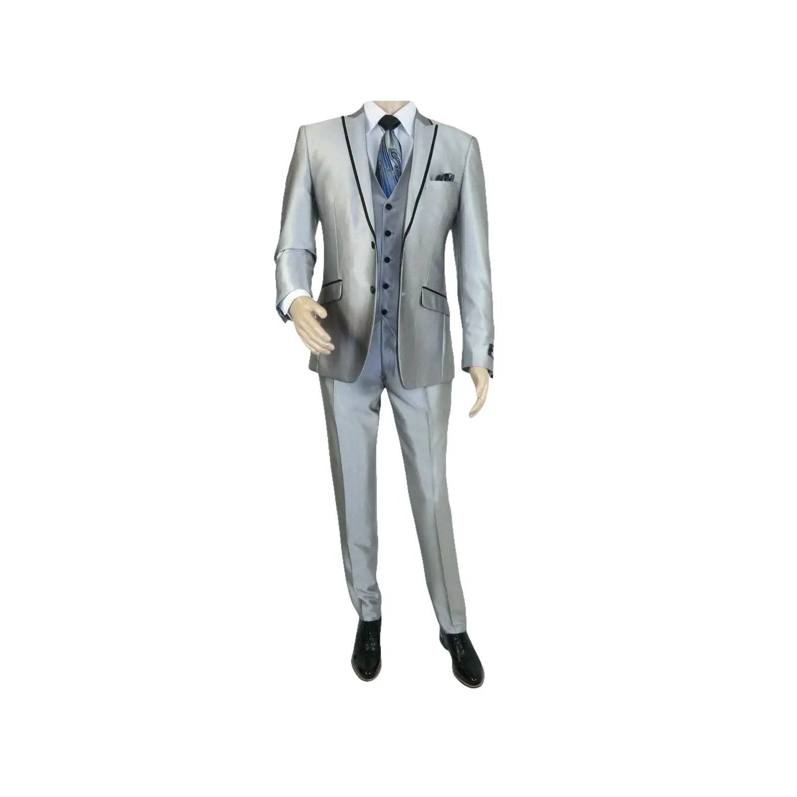 Men Tuxedo Formal Suit ROYAL DIAMOND Slim Fit 3Pc Vested shiny Satin SL82 Silver - J.Valintin Men's Wear Legend - 8150
