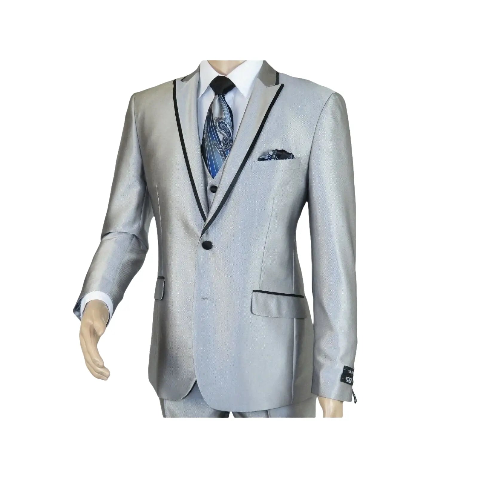 Men Tuxedo Formal Suit ROYAL DIAMOND Slim Fit 3Pc Vested shiny Satin SL82 Silver - J.Valintin Men's Wear Legend - 8150