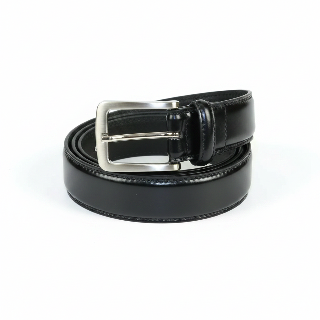 Men VALENTINI Stitched Leather Belt Classic Pin Buckle Business Dress V711 Black