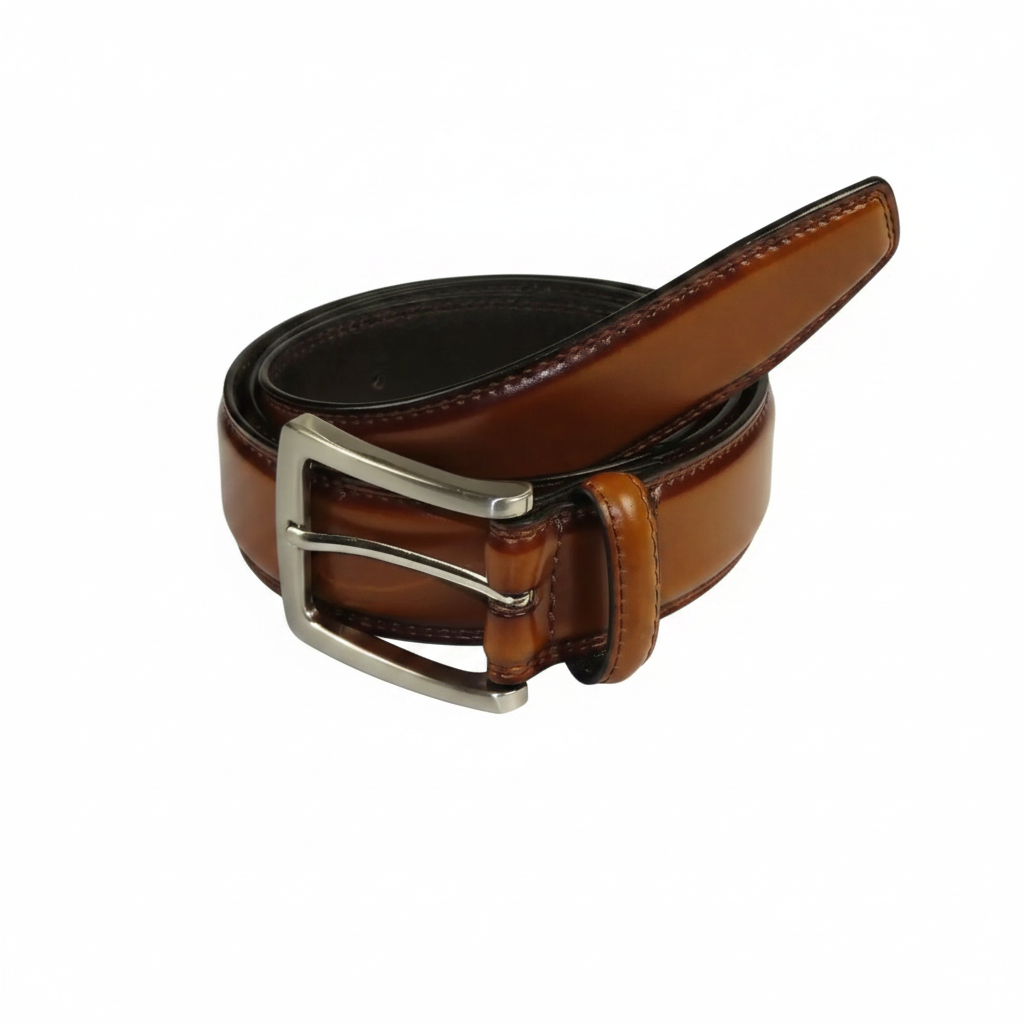 Men VALENTINI Stitched Leather Dress Belt Classic Pin Buckle  V711 Cognac
