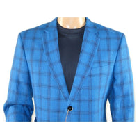 Mens 100% Linen Sport Coat Plaid Design INSERCH Fully Lined 660131 Royal Blue - J.Valintin Men's Wear Legend - 94100