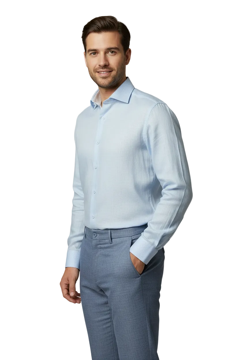 Mens 100% Linen Summer Shirt J.Valintin Turkey-Usa High Collar OBR78-09 Blue