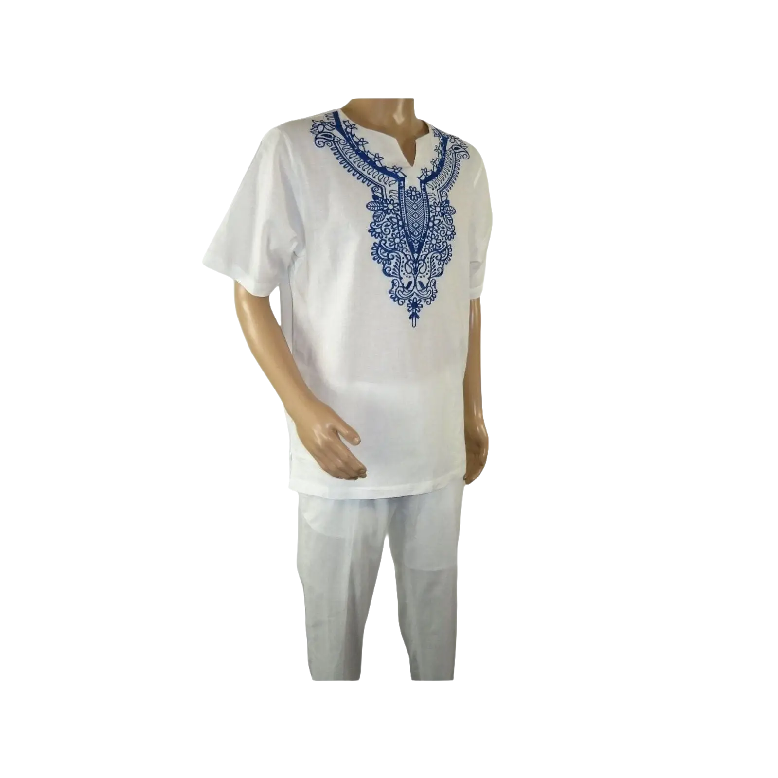 Mens 2pc Stacy Adams leisure suit Linen Cotton With Embroidery 3670 White Blue - J.Valintin Men's Wear Legend - 95936