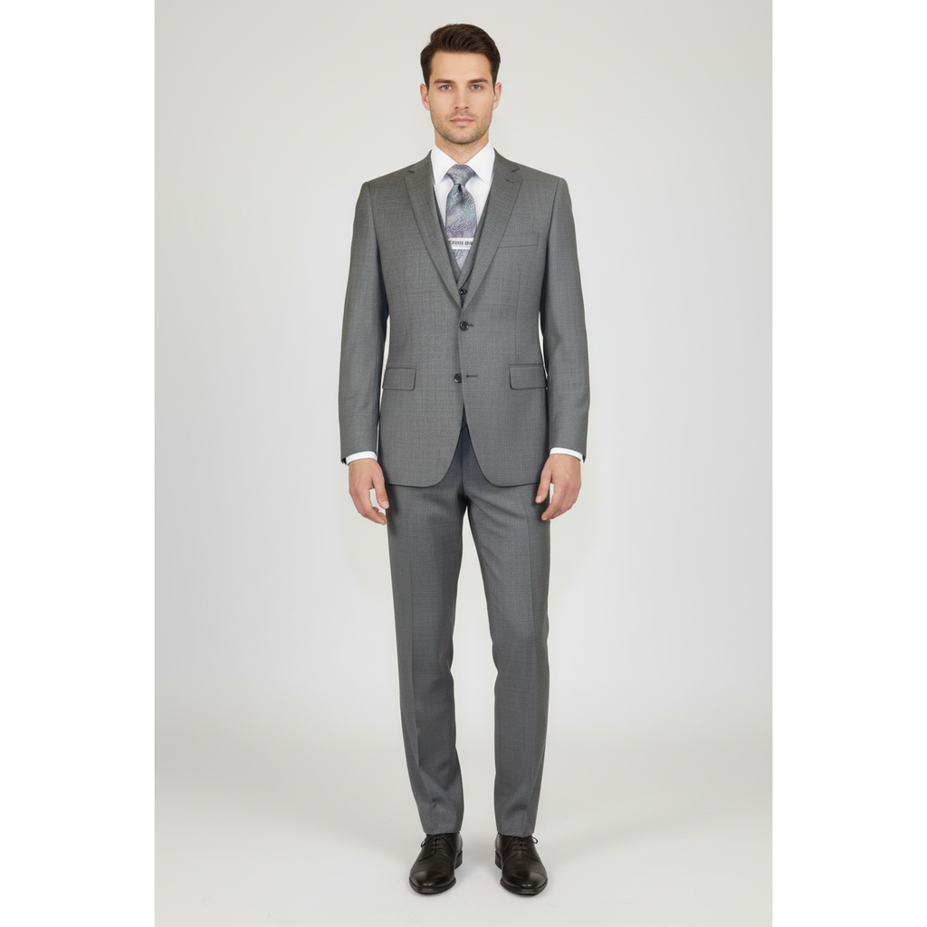 Men's Apollo King 3 piece Vested Business Suit Vested SL203 Gray Textured