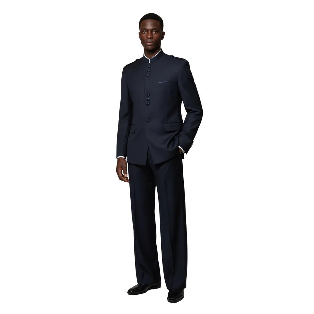 Mens APOLLO KING Banded Collarless suit Chinese Mandarin Wide leg AG92 navy blue