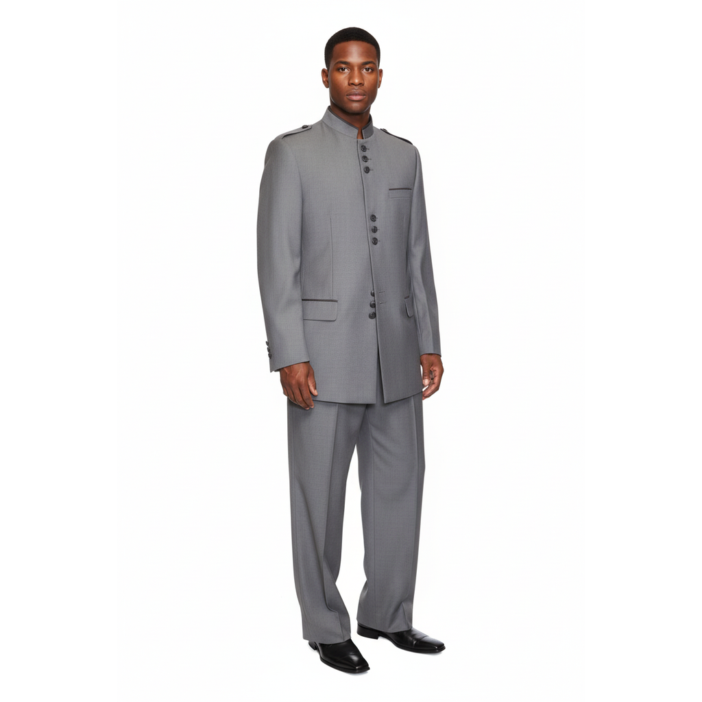Mens Apollo  King  Banded Collarless suit Chinese Mandarin Wide leg AG93 Gray