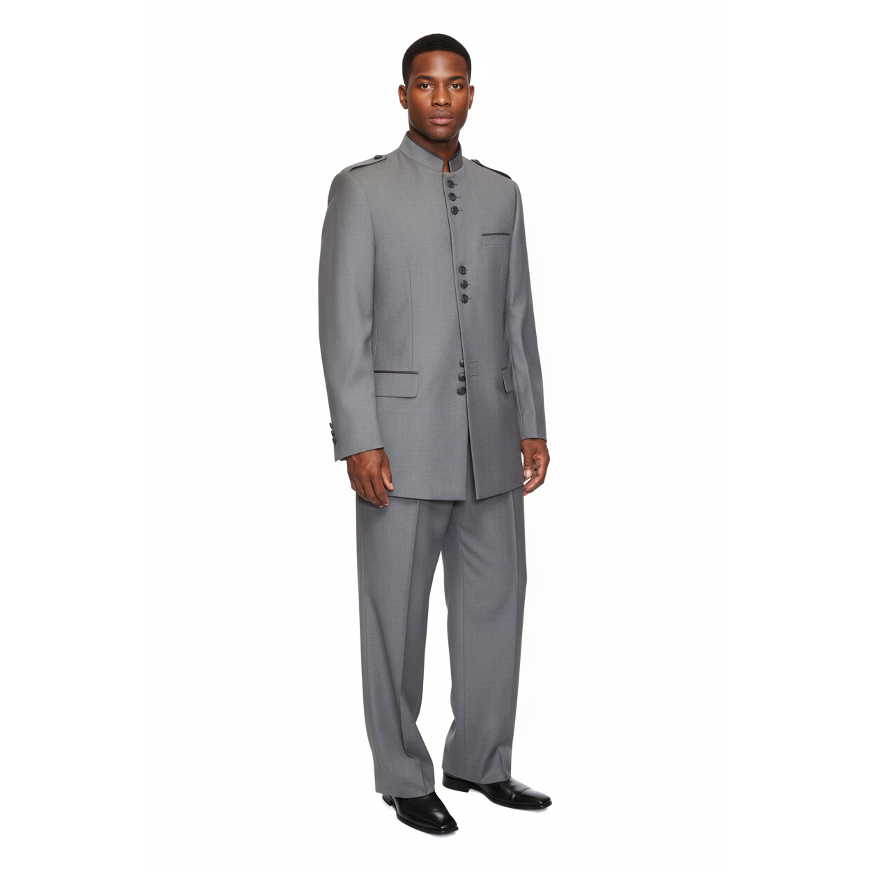 Mens Apollo  King  Banded Collarless suit Chinese Mandarin Wide leg AG93 Gray