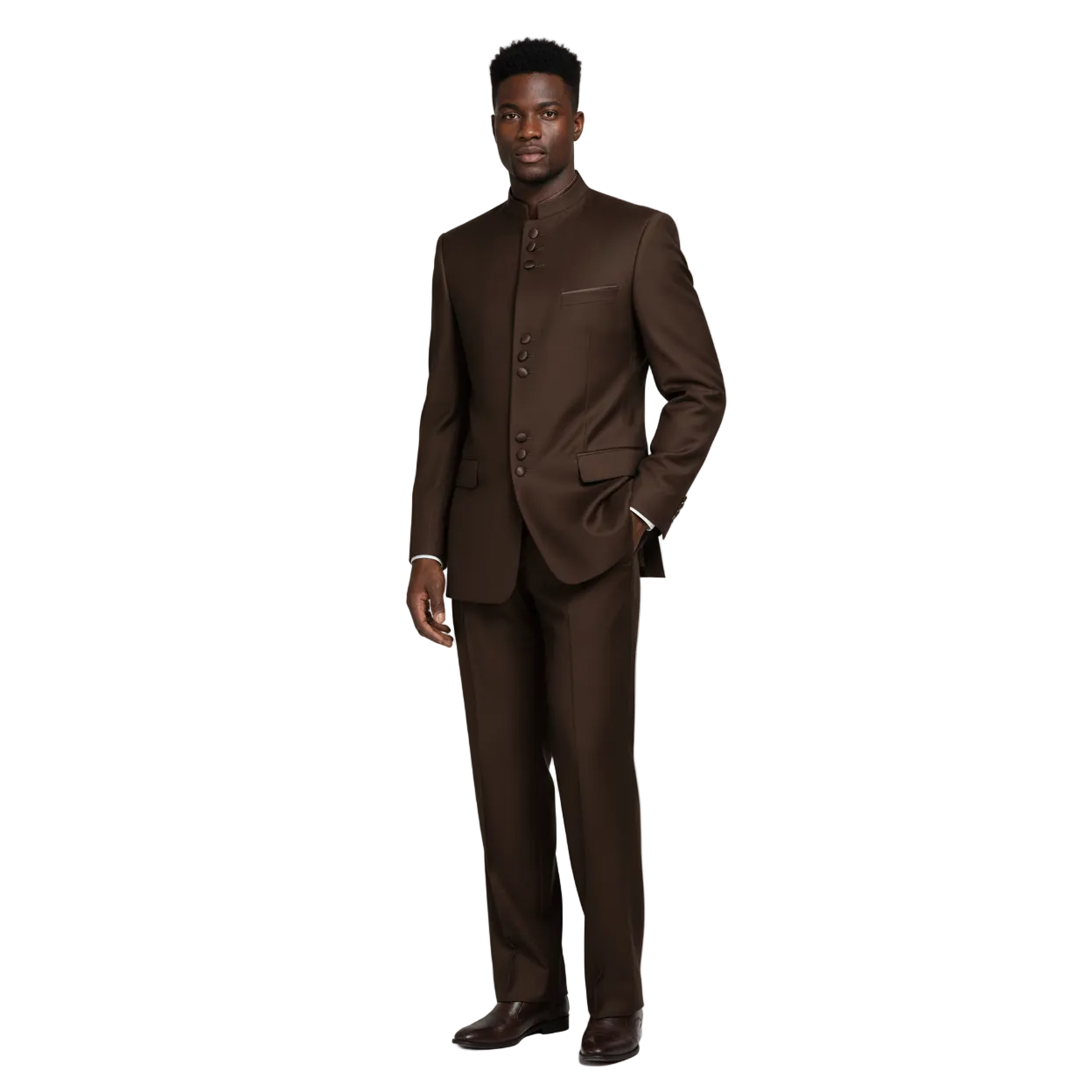 Mens Apollo  King  Banded Collarless suit Chinese Mandarin Wide leg AG94 Brown