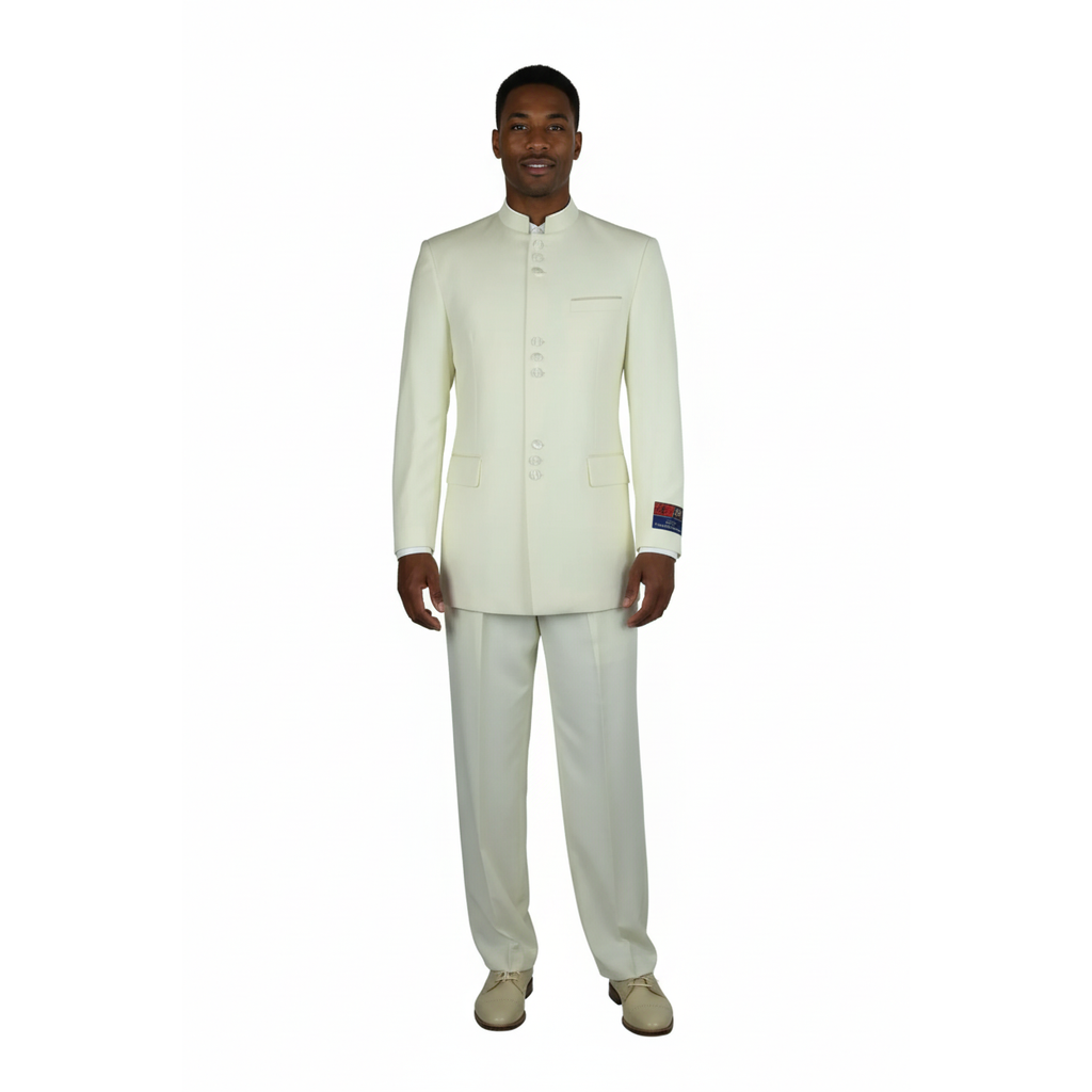 Mens Apollo  King  Banded Collarless suit Chinese Mandarin Wide leg AG97 Ivory