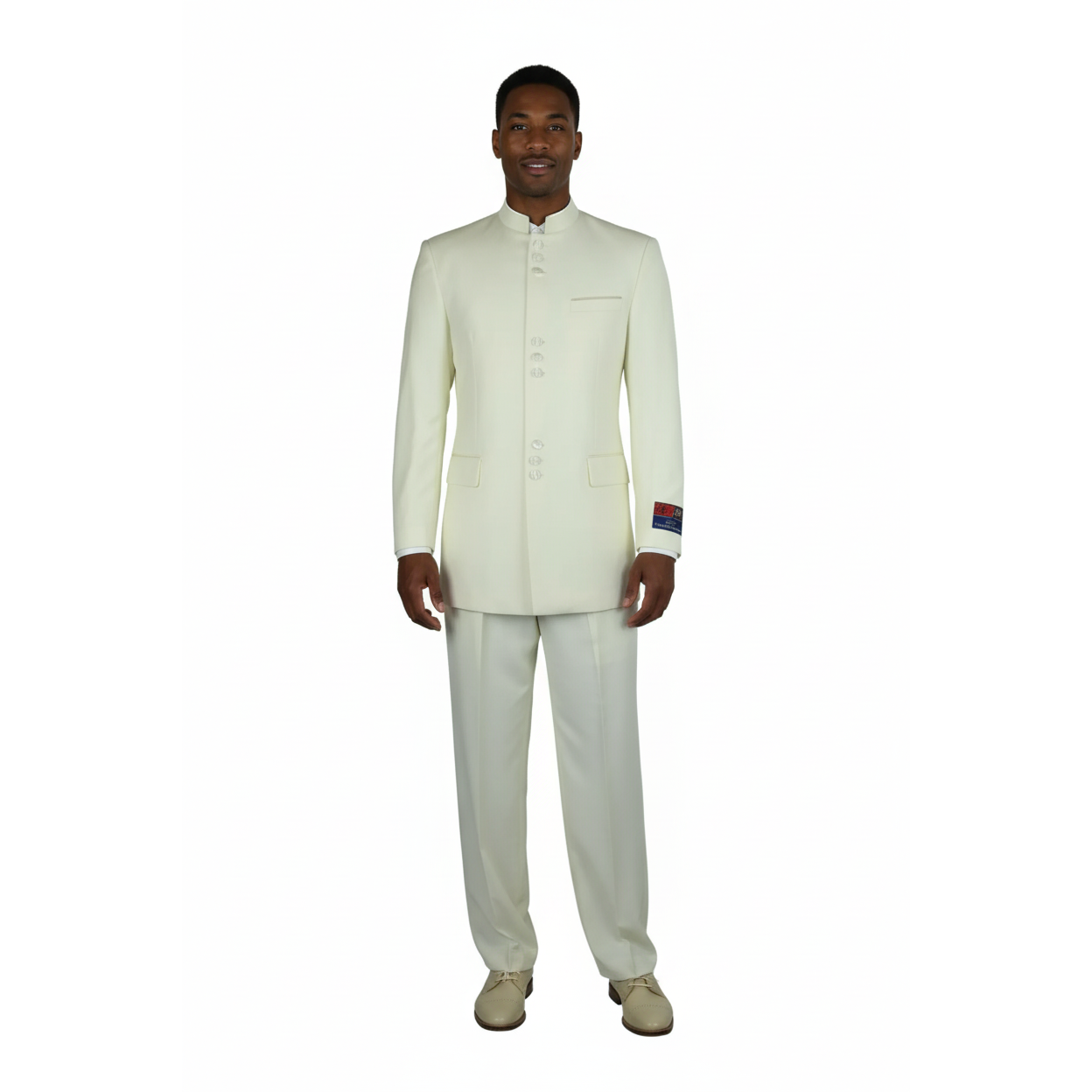 Mens Apollo  King  Banded Collarless suit Chinese Mandarin Wide leg AG97 Ivory