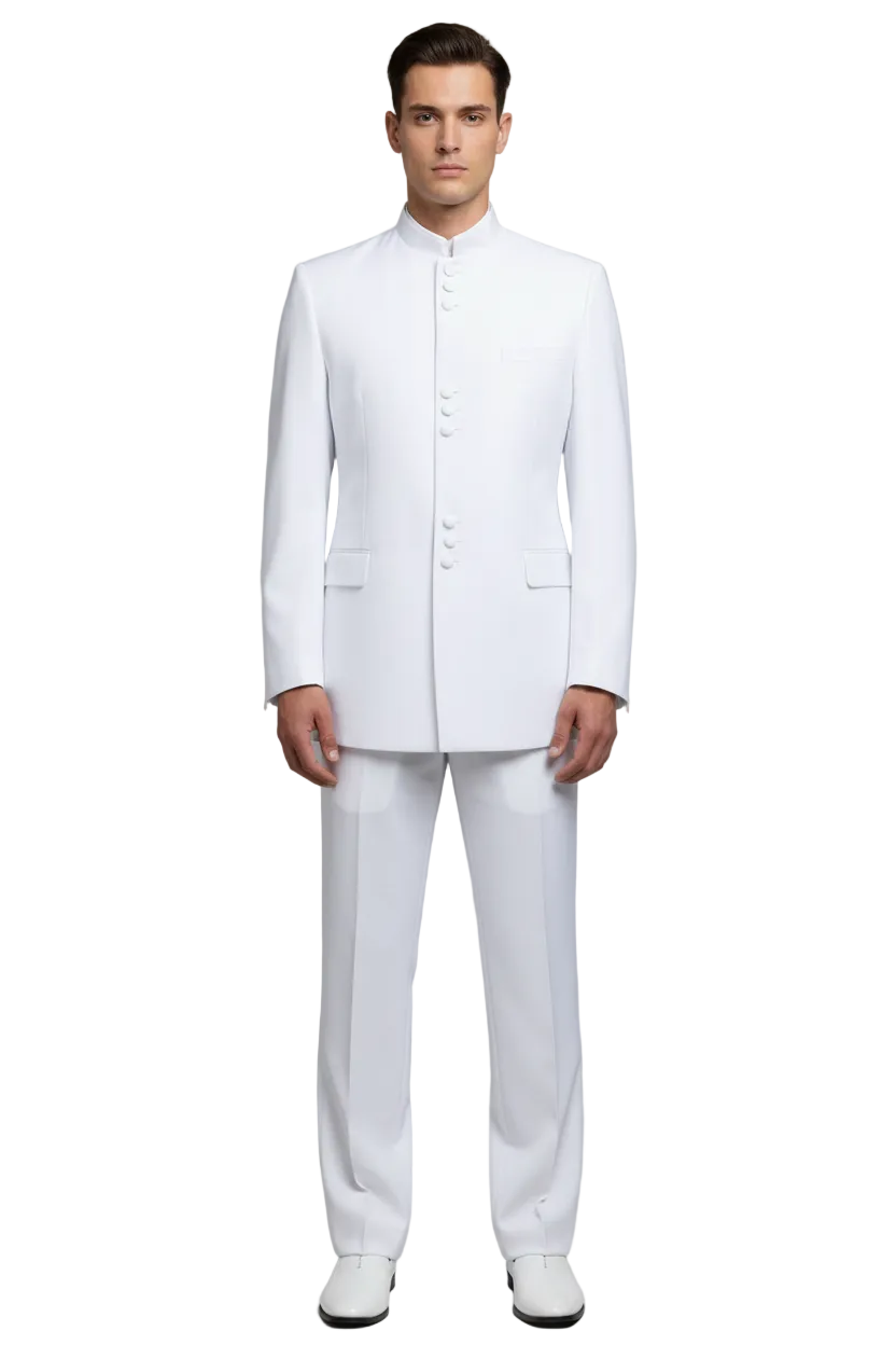 Mens Apollo  King  Banded Collarless suit Chinese Mandarin Wide leg AG98 White