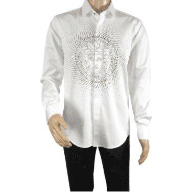 Mens CEREMONIA Shirt 100% Cotton Medusa Medallion Rhine Stones #STN 13 VRS white - J.Valintin Men's Wear Legend - 97085