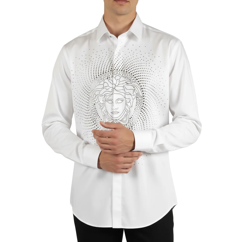 Mens CEREMONIA Shirt 100% Cotton Medusa Medallion Rhine Stones #STN 13 VRS white