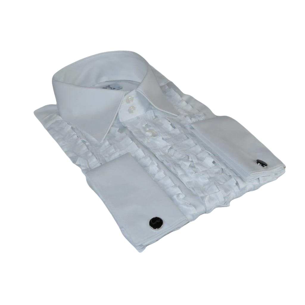 Mens CEREMONIA Tuxedo Ruffle Shirt 100% Cotton Turkey Slim Fit #paris 13 White - J.Valintin Men's Wear Legend - Paris - 13 White - M