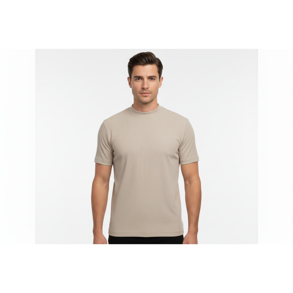 Mens Dressy T-Shirt  Log-In Uomo  Soft Crew Neck Corded Short Sleeves 218 Tan