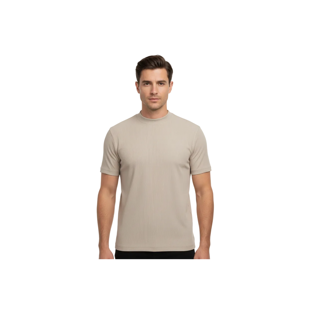Mens Dressy T-Shirt  Log-In Uomo  Soft Crew Neck Corded Short Sleeves 218 Tan
