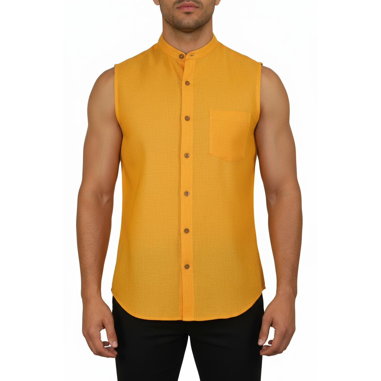 Mens INSERCH linen Shirt Banded Chinese Collar Sleeves-Less SS719 Sunburst