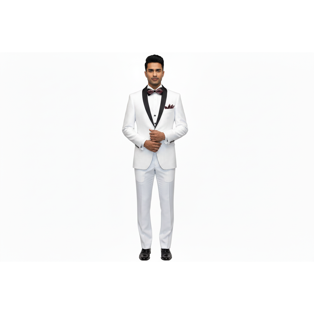 Men's Lorenzo Bruno Shawl Tuxedo Slim 3 Piece Shiny Formal Suit S6501V White
