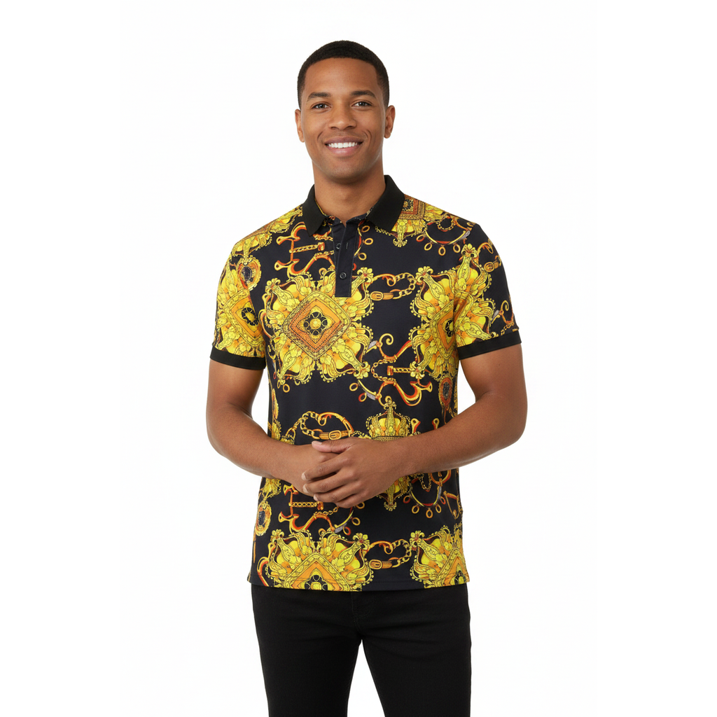 Mens PLATINI Sports Polo Shirt With Rhine Stones Fancy Chains DPP8236 Black
