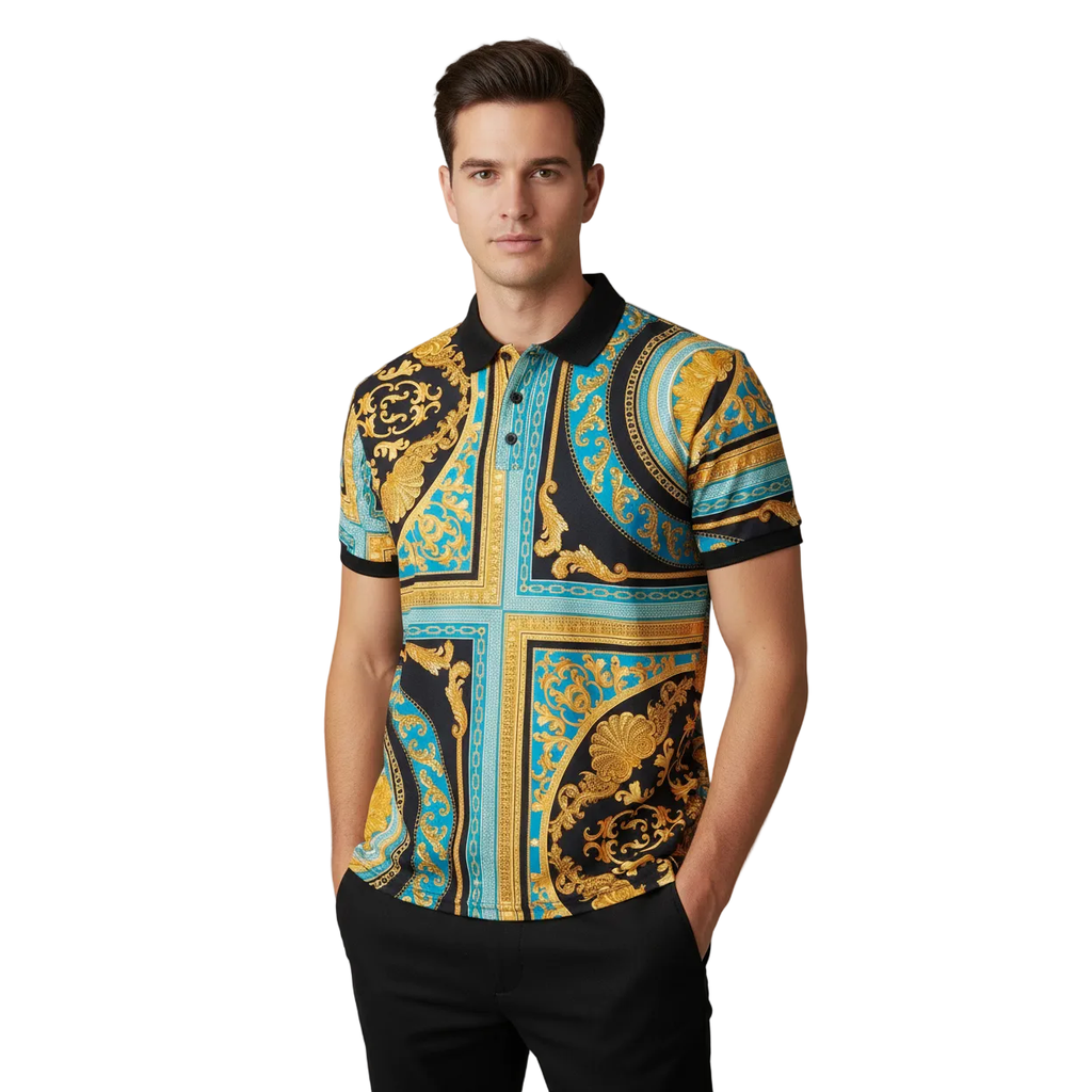 Mens PLATINI Sports Polo Shirt With Rhine Stones Fancy Medallion DPP8241 Black