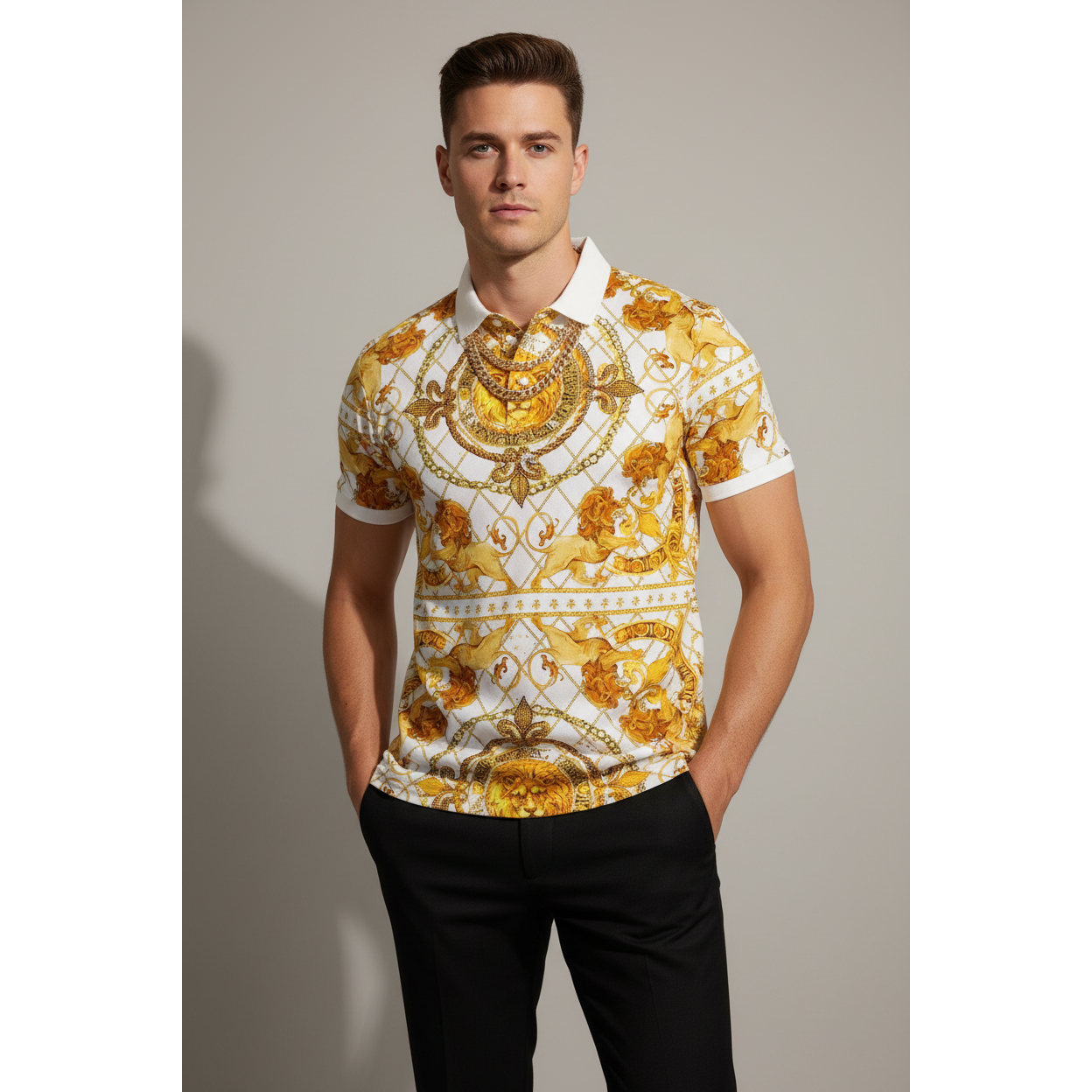 Mens PLATINI Sports Polo Shirt With Rhine Stones Lion Medallion DPP8246 White