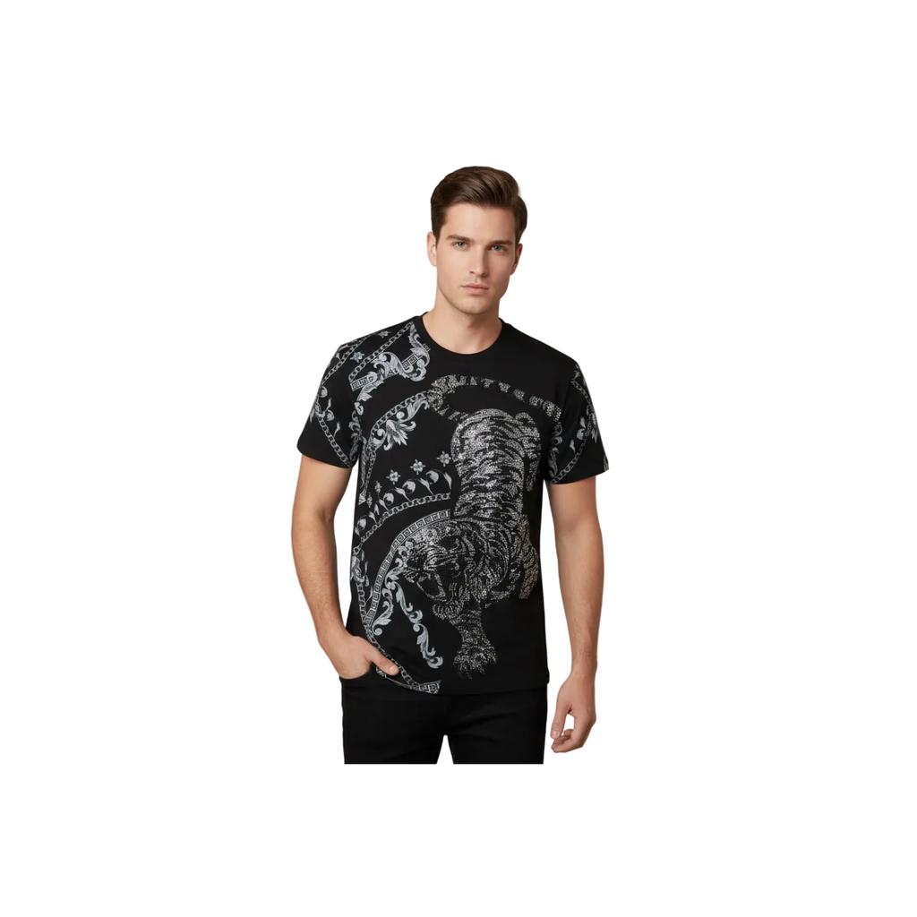 Mens PLATINI Sports Shirt With Rhine Stones Lion Chain STT8022 Black Lion