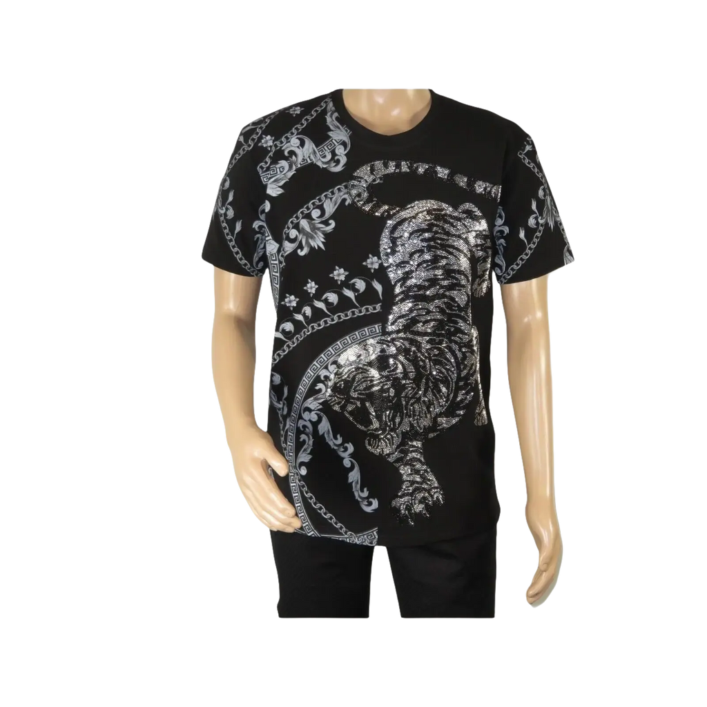 Mens PLATINI Sports Shirt With Rhine Stones Lion Chain STT8022 Black Lion - J.Valintin Men's Wear Legend - 92050